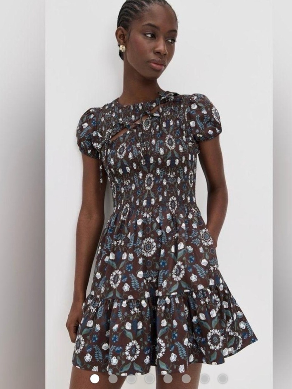 Hill House GiaSmocked Mini Nap Dress — Brown Botanical Floral, Size Medium